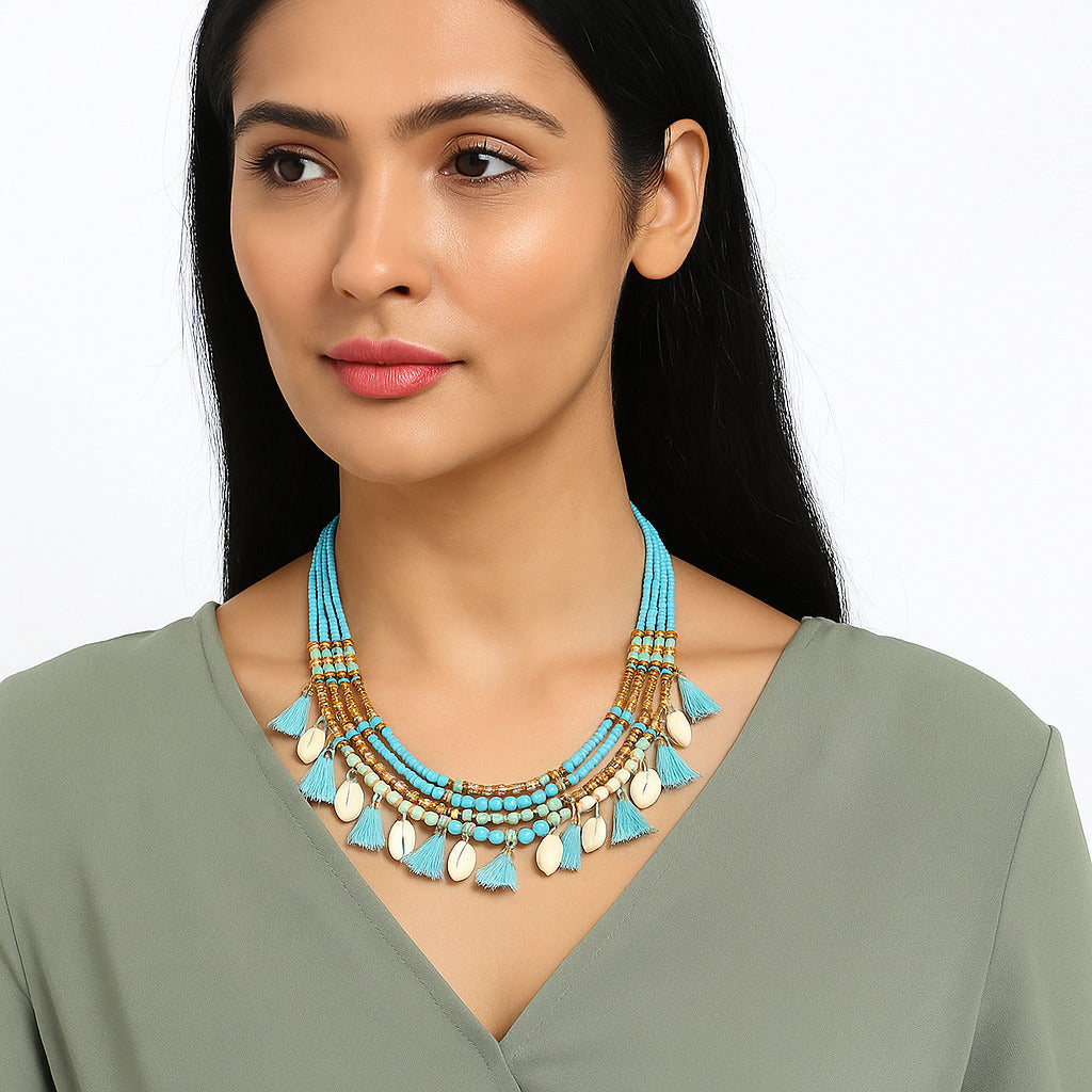 Shell Tassel Beaded Necklace,Glass Seed Beaded Bohemian Boho, Ethnic Necklace FNC1009-1